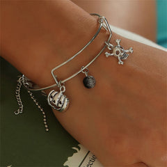 Black Glass & Silver-Plated Pumpkin Skull Charm Adjustable Bangle