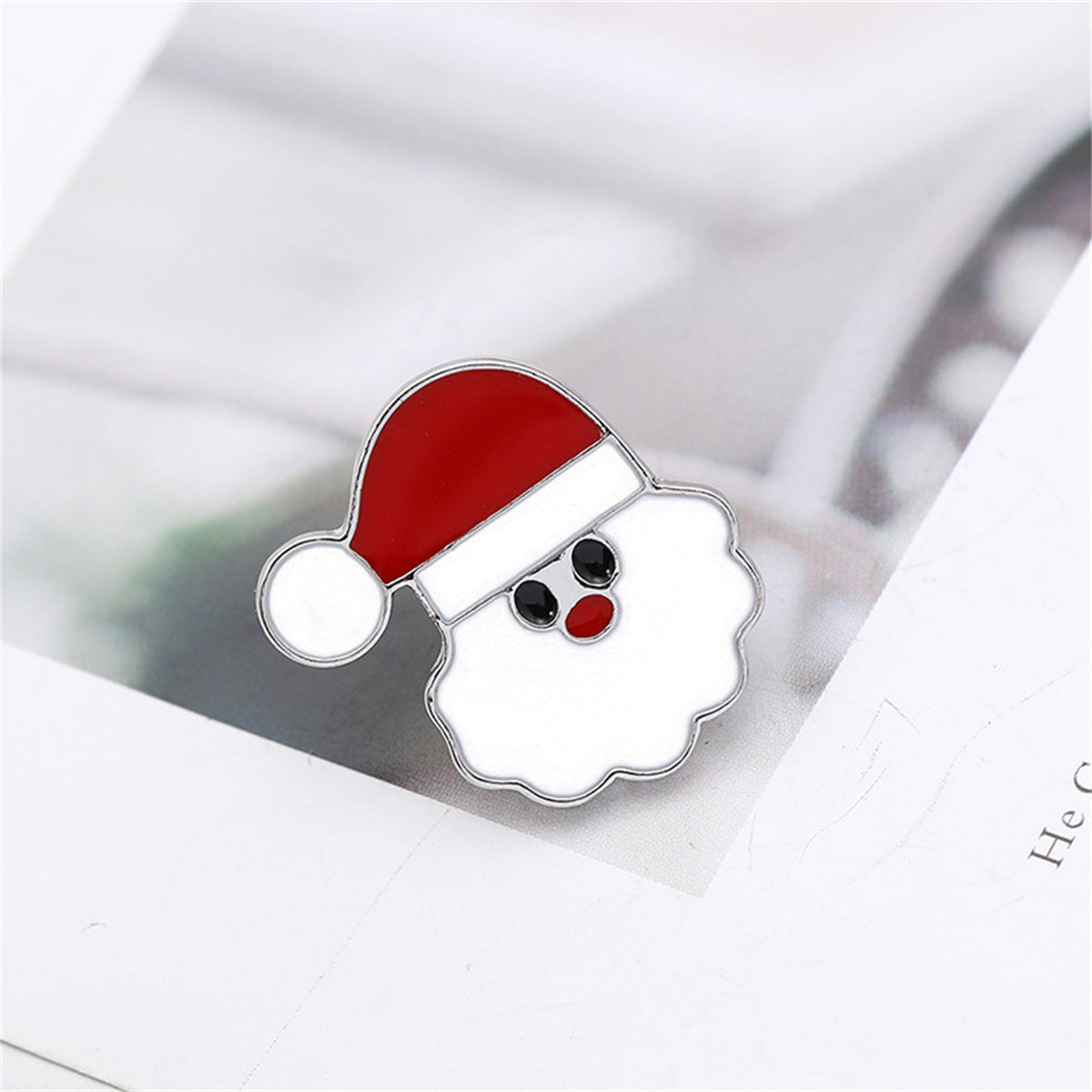 Silver-Plated & Red Enamel Santa Face Brooch