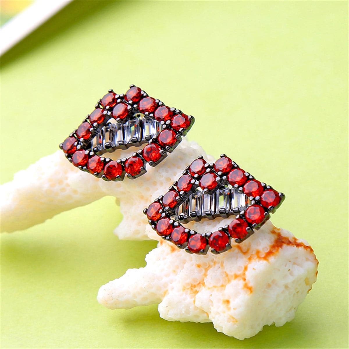 Red & Silver-Plated Lips Stud Earrings With Swarovski® Crystals - streetregion