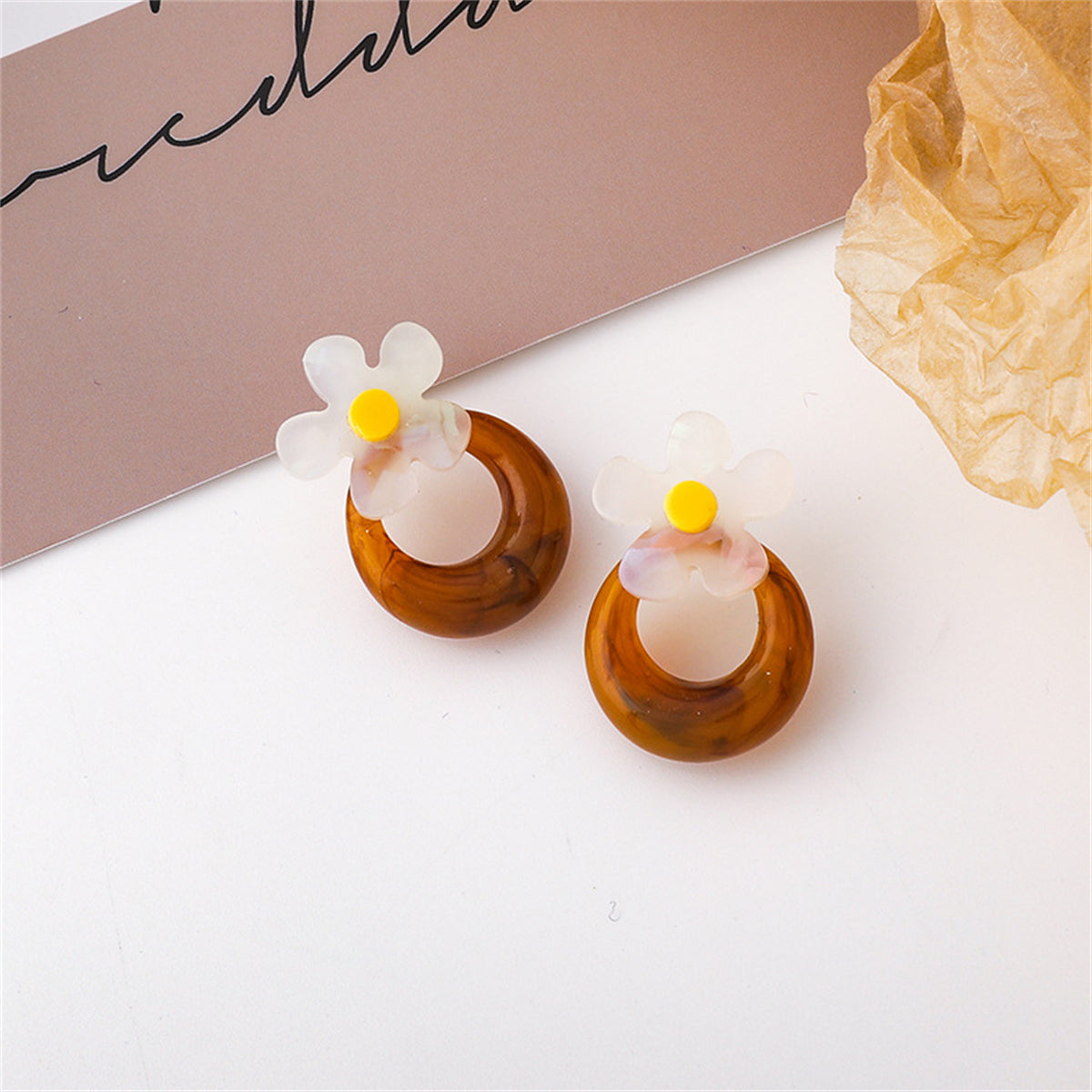 Brown & White Acrylic Floral Hoop Stud Earrings