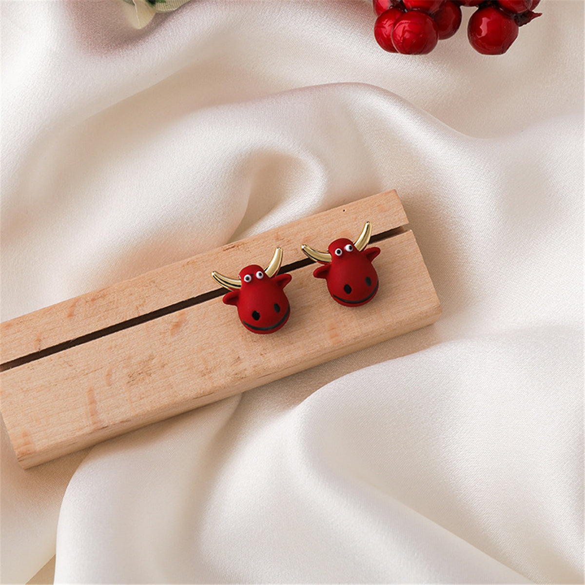 Red Polymer Clay & 18K Gold-Plated Cattle Stud Earrings