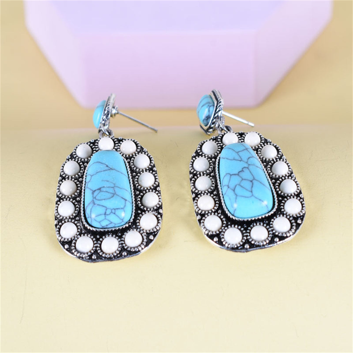 Blue Turquoise & White Resin Oval Drop Earrings