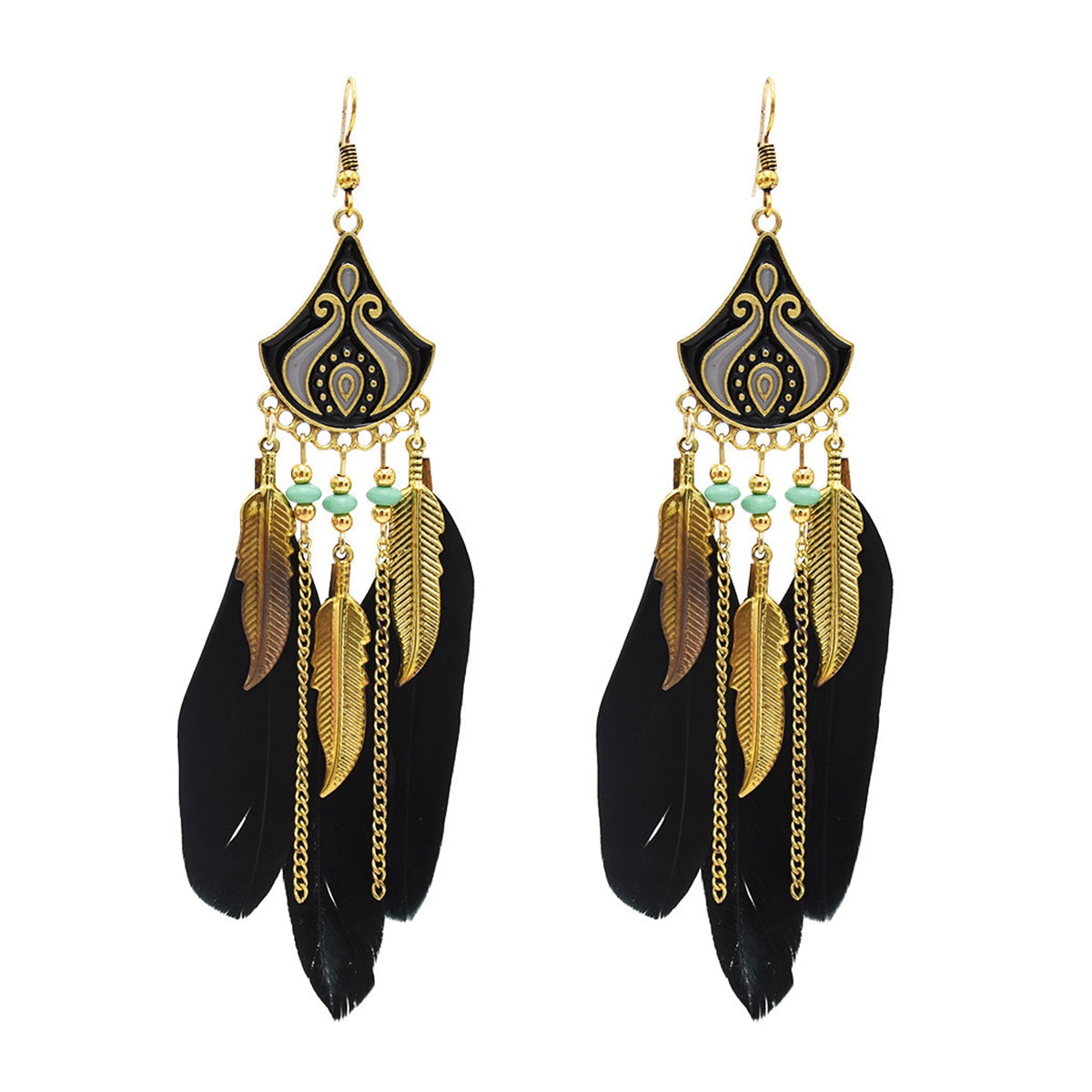 Black Feather & Turquoise Tassel Dangle Earring