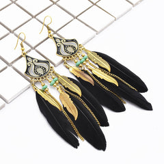 Black Feather & Turquoise Tassel Dangle Earring