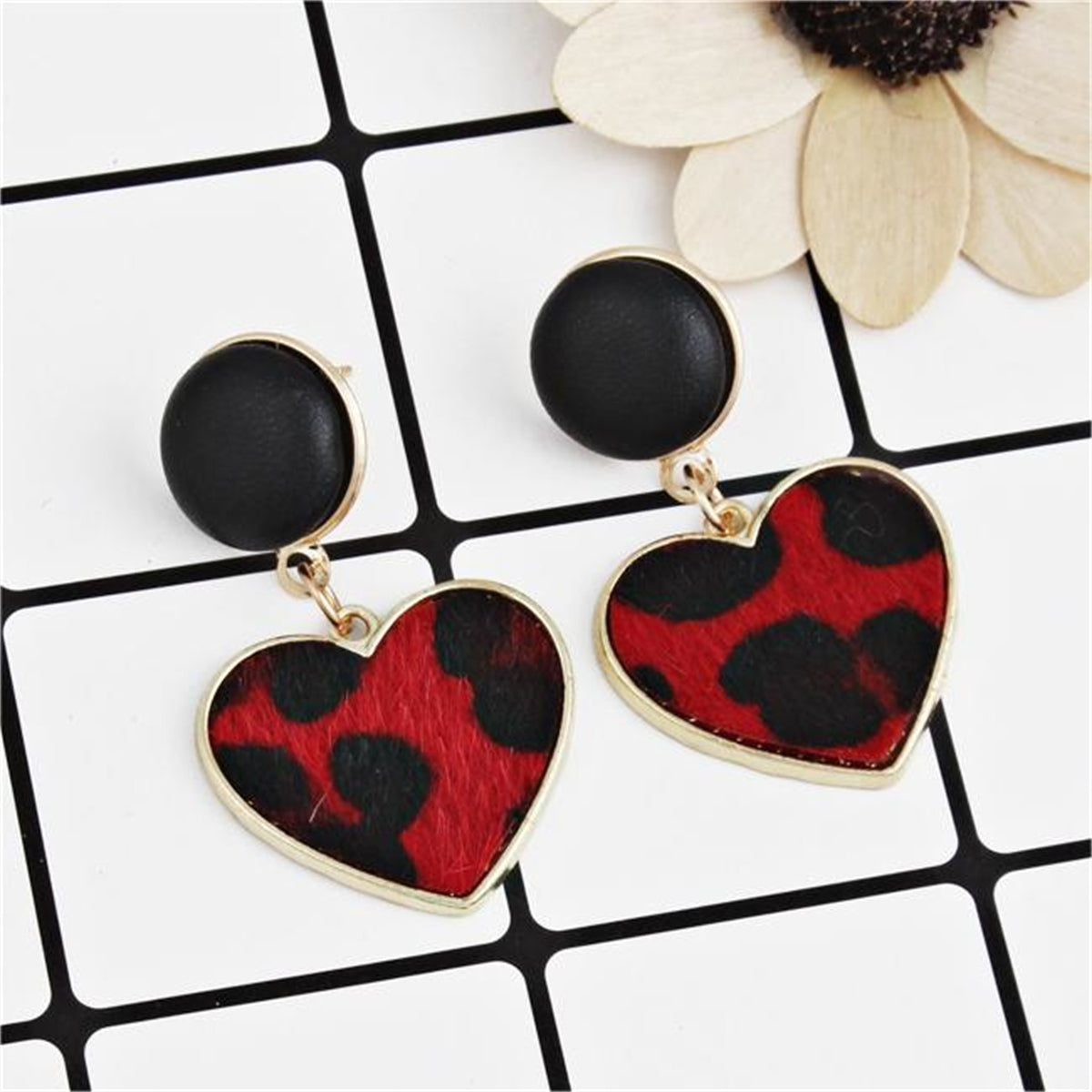 Red Gabardine & 18K Gold-Plated Leopard-Print Heart Leather Drop Earrings