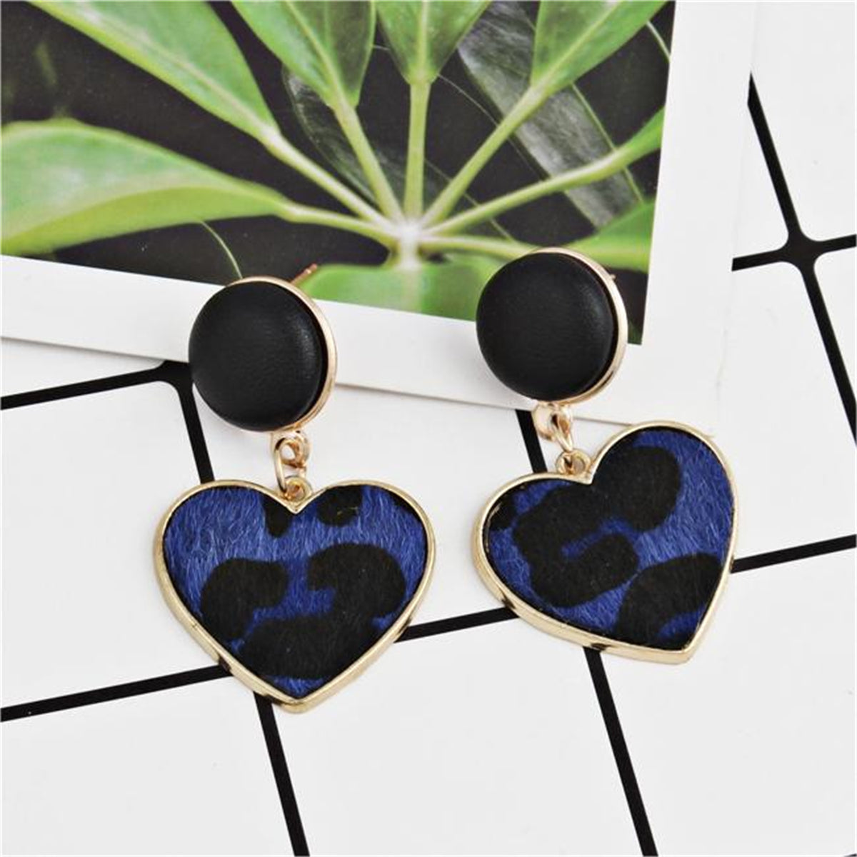 Blue Leopard Gabardine Heart Leather Drop Earrings