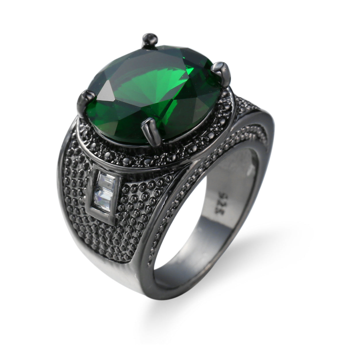 Green Crystal & Black-Tone Wide Ring