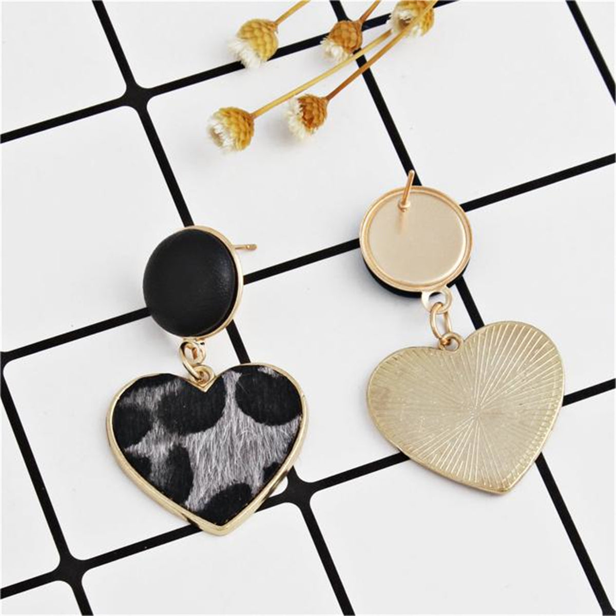 Gray Polyurethane & 18K Gold-Plated Leopard-Print Heart Leather Drop Earrings