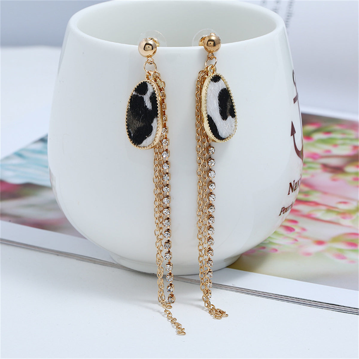 Cubic Zirconia & White Leopard Tassel Drop Earrings