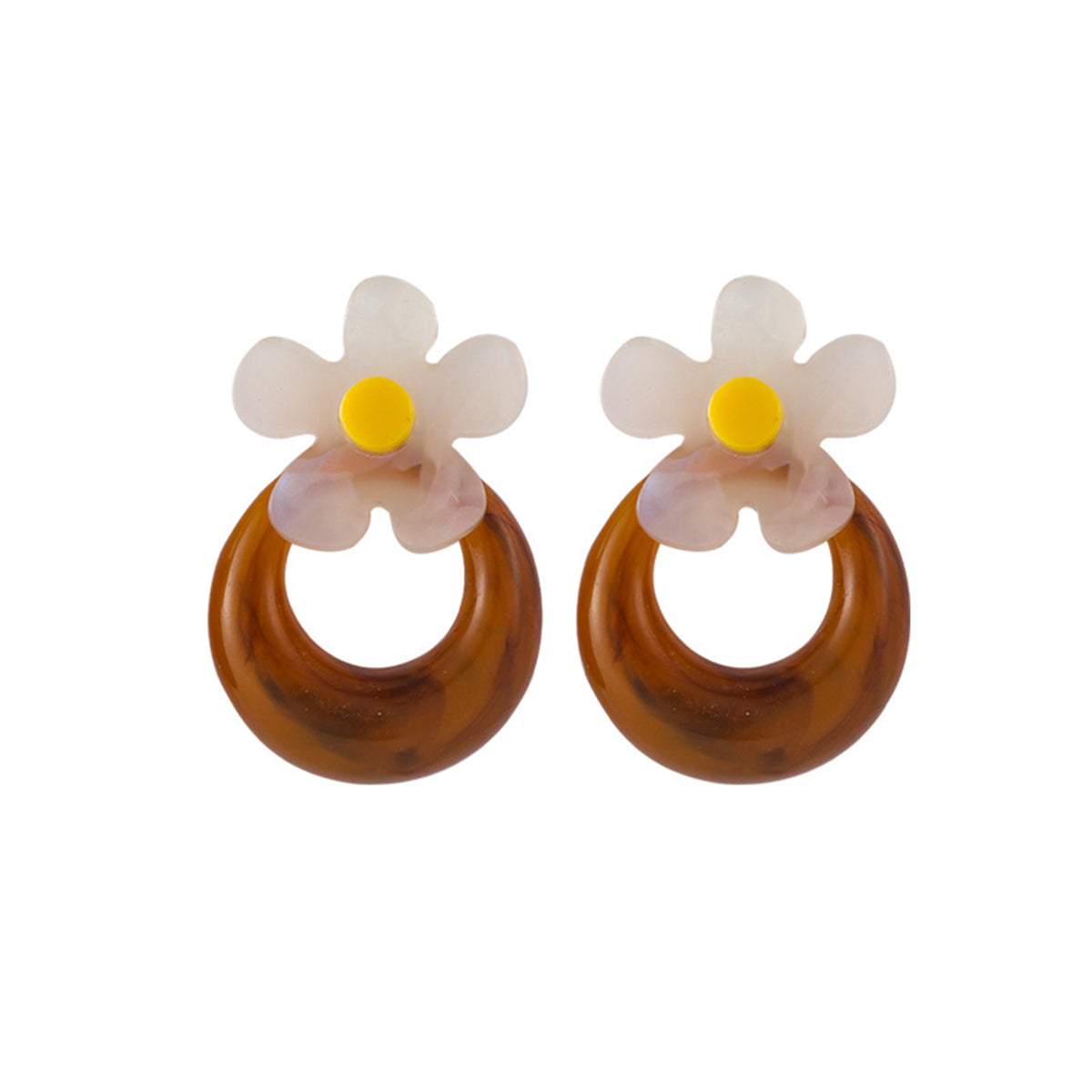 Brown & White Acrylic Floral Hoop Stud Earrings