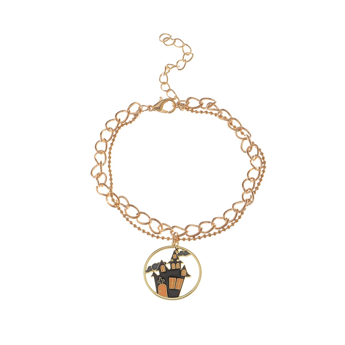 Black Enamel & 18K Gold-Plated Castle Layered Charm Bracelet