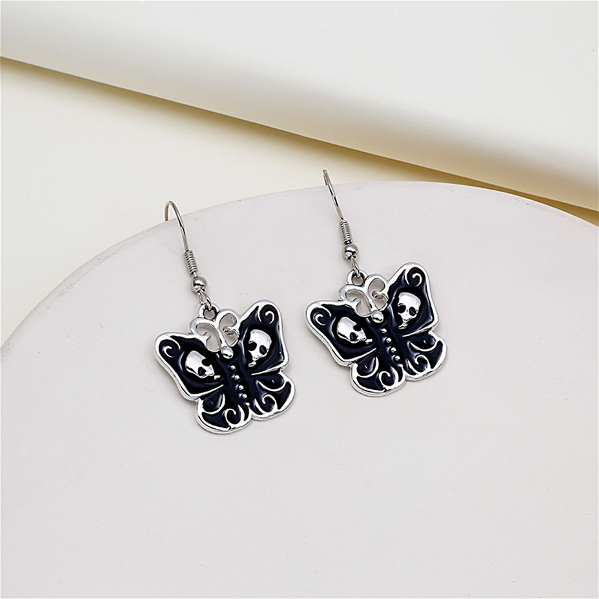 Black & Silver-Plated Skull Butterfly Drop Earrings