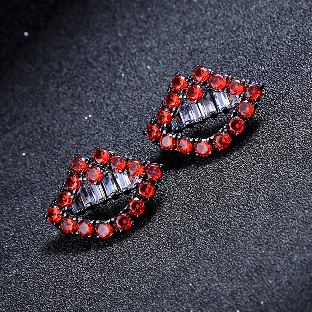 Red & Silver-Plated Lips Stud Earrings With Swarovski® Crystals - streetregion