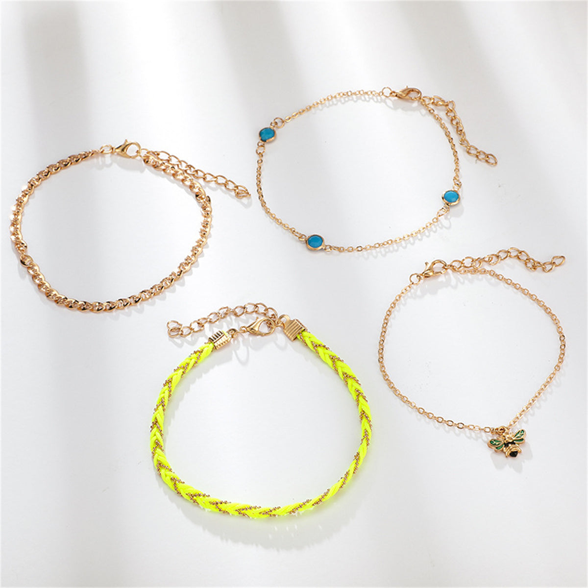 Neon Yellow & 18K Gold-Plated Bee Charm Anklet Set