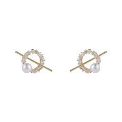 Pearl & Cubic Zirconia Pavé Bar Round Stud Earrings