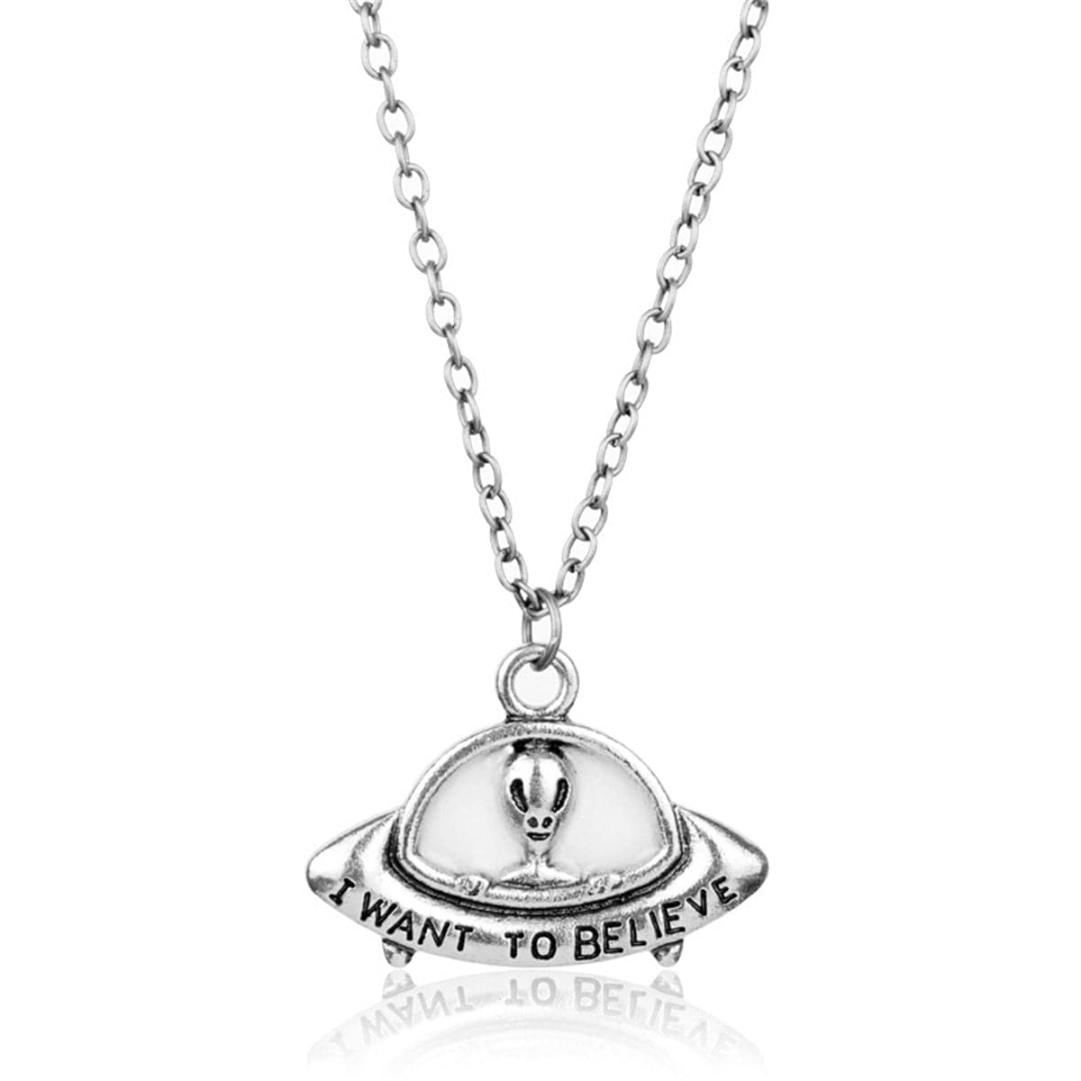 Silver-Plated 'I Want To Believe' Alien UFO Pendant Necklace