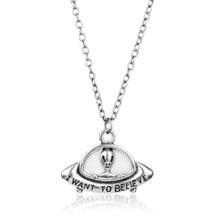 Silver-Plated 'I Want To Believe' Alien UFO Pendant Necklace