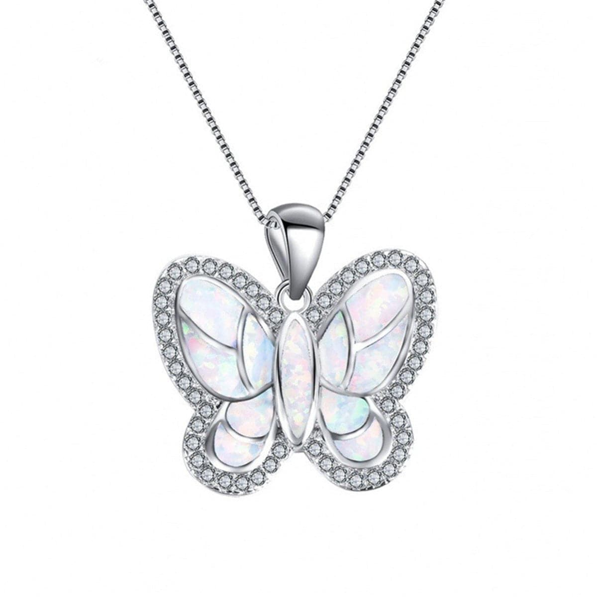 White Opal & Cubic Zirconia Butterfly Pendant Necklace