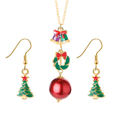 Green & 18K Gold-Plated Christmas Tree Earrings & Wreath Pendant Necklace