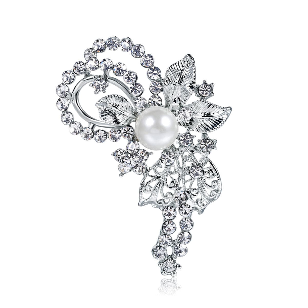 Pearl & Cubic Zirconia Silver-Plated Leaf Filigree Brooch