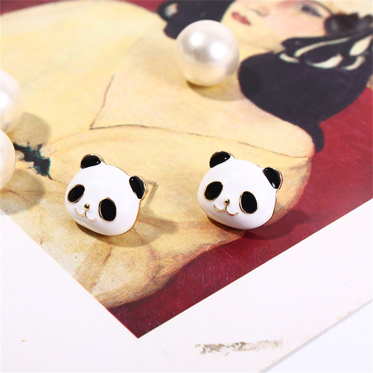 White Enamel & 18K Gold-Plated Panda Stud Earrings