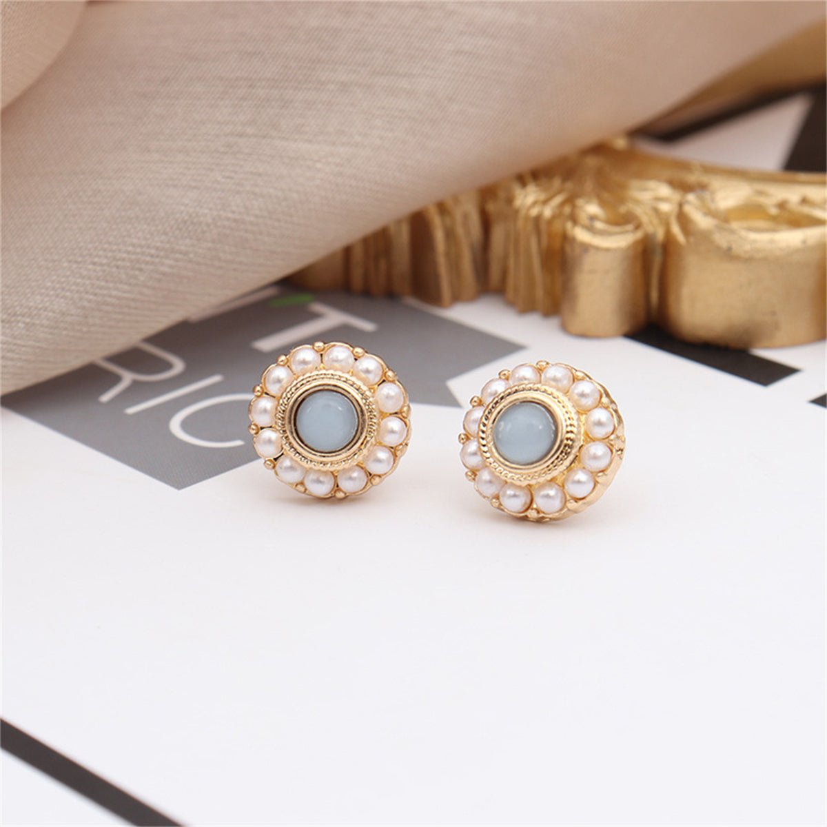 Blue Quartz & Pearl 18K Gold-Plated Round Stud Earrings