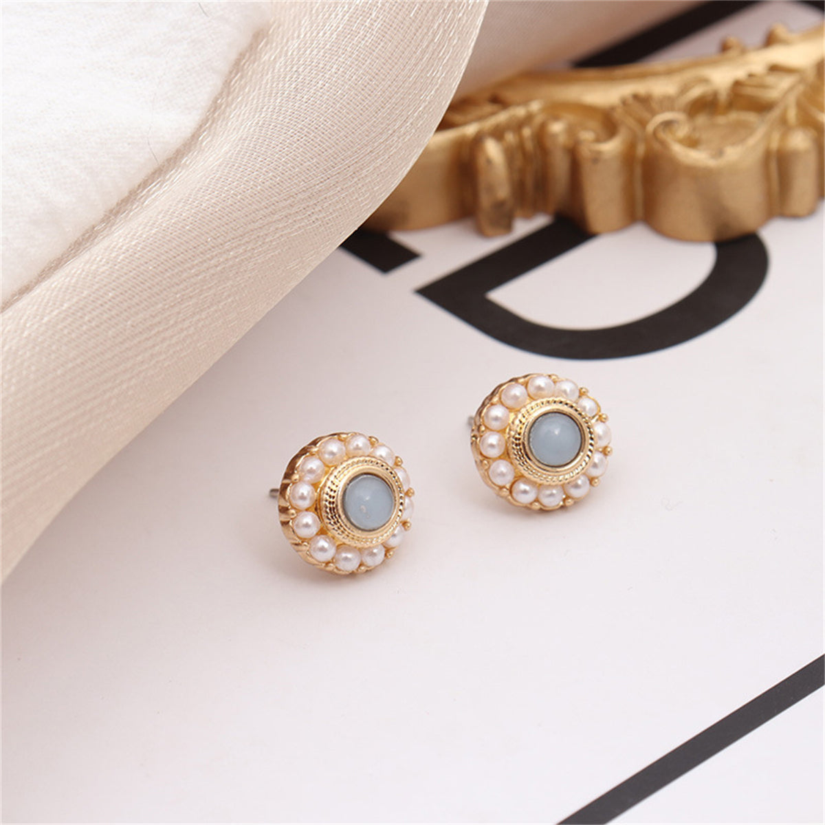 Blue Quartz & Pearl 18K Gold-Plated Round Stud Earrings