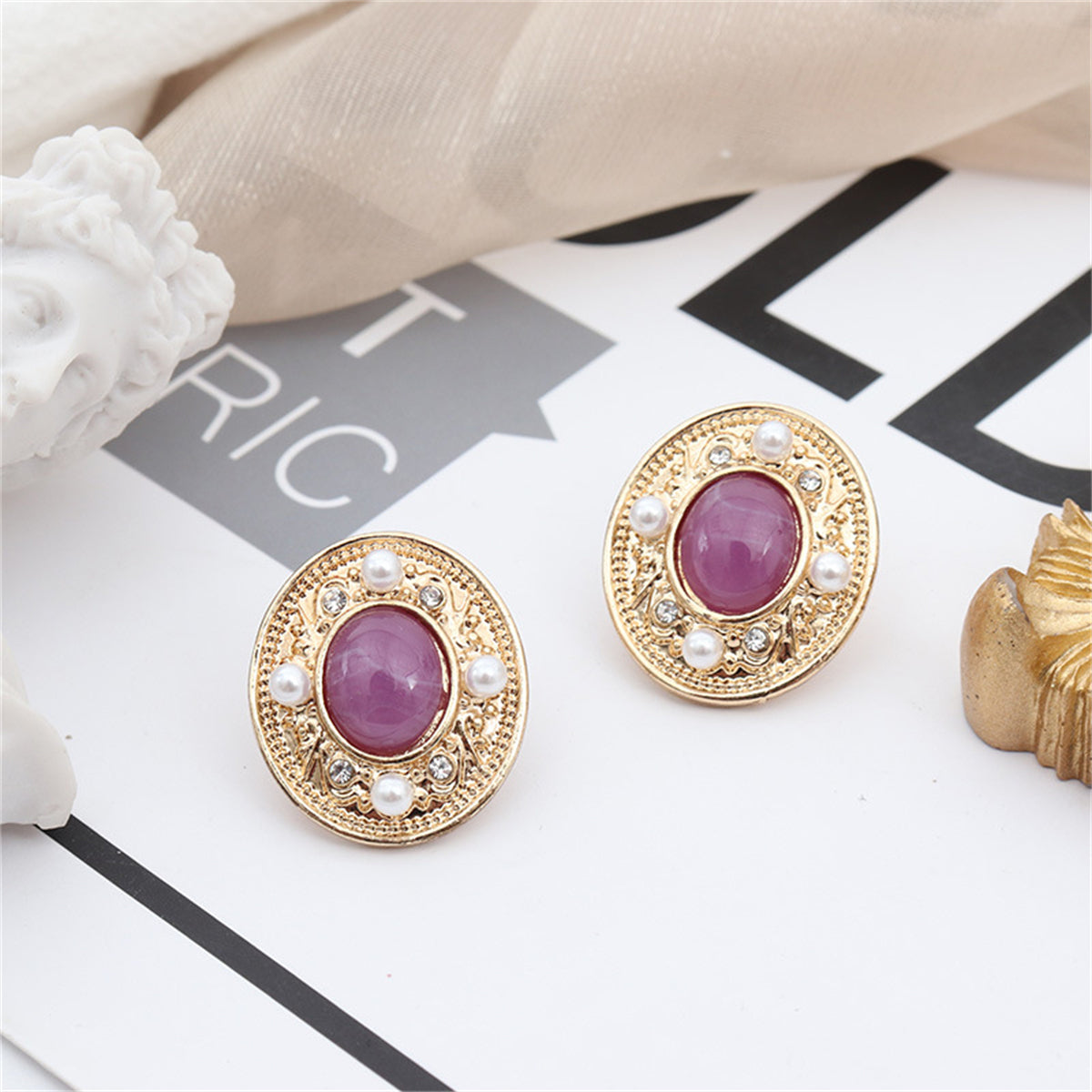 Pearl & Purple Quartz 18K Gold-Plated Oval Stud Earrings