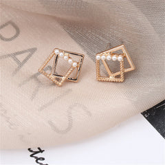 Pearl & 18K Gold-Plated Offset Rhombus Stud Earrings