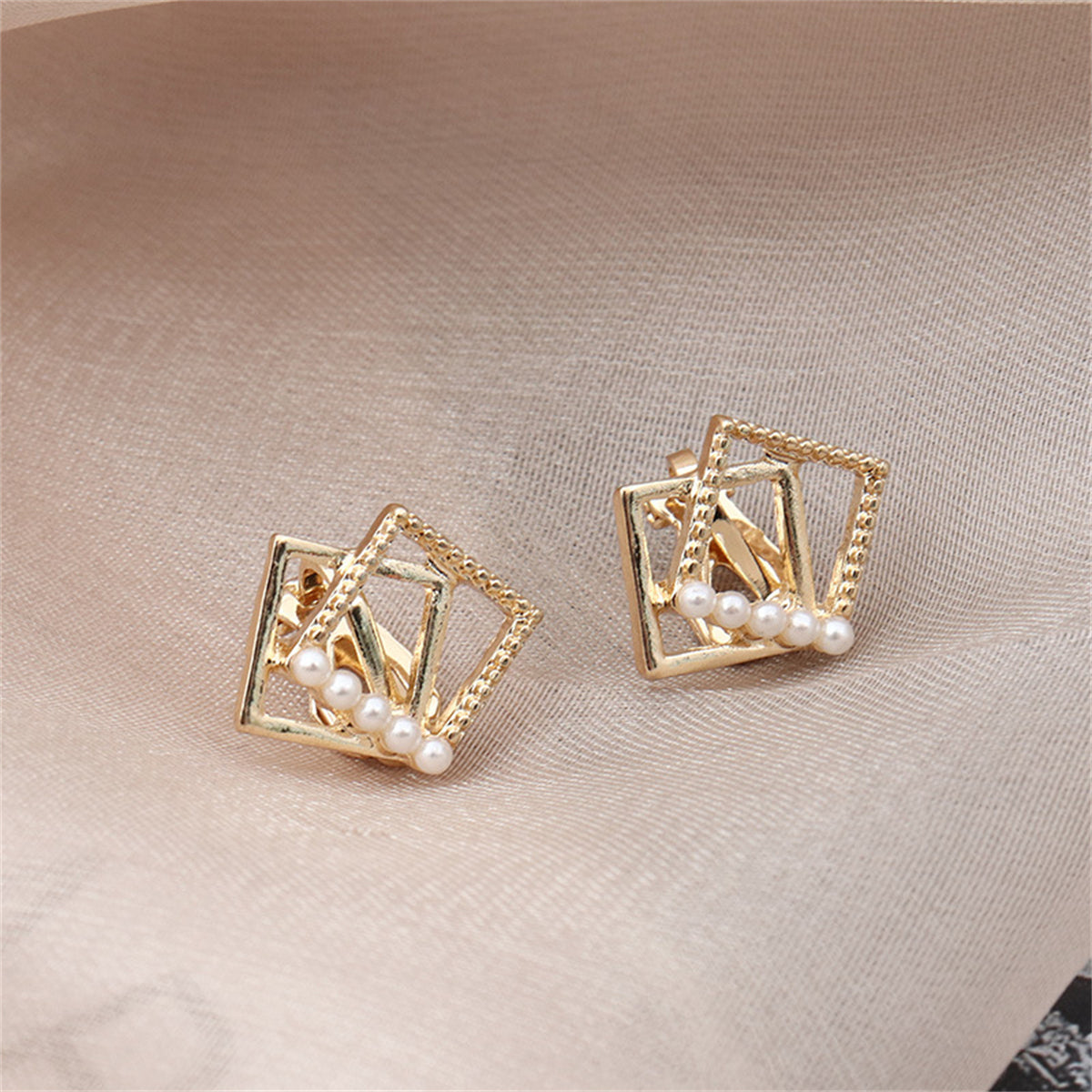 Pearl & 18K Gold-Plated Offset Rhombus Stud Earrings