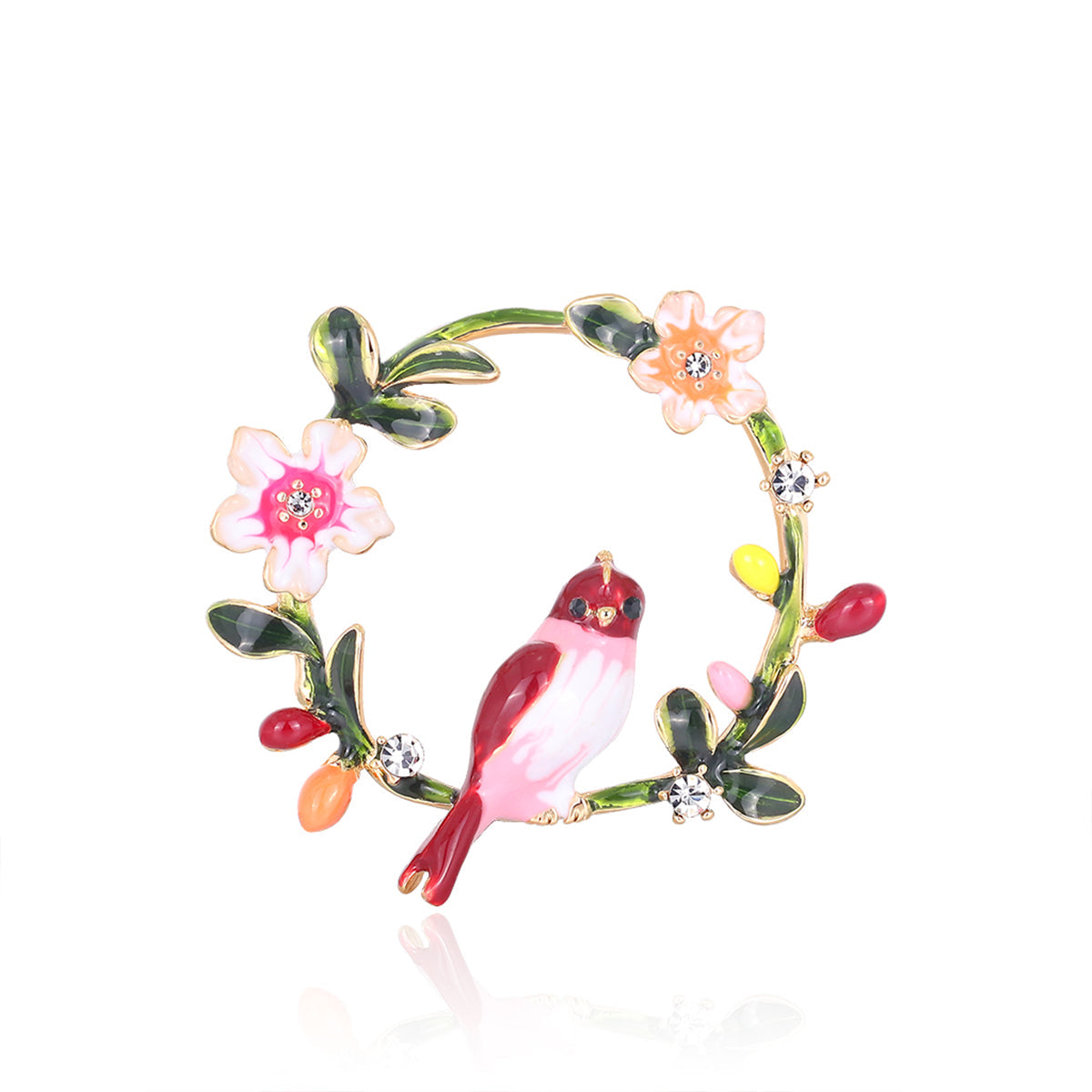 Cubic Zirconia & Enamel 18K Gold-Plated Red Bird Branch Brooch