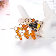 Black Cubic Zirconia & Yellow Enamel Pearl 18K Gold-Plated Bee & Honeycomb Brooch