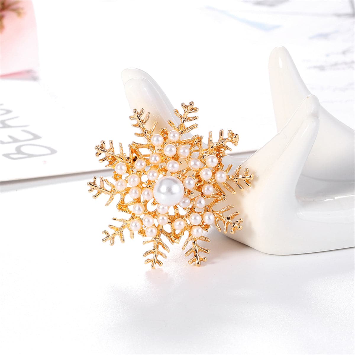 Pearl & 18K Gold-Plated Snowflake Brooch