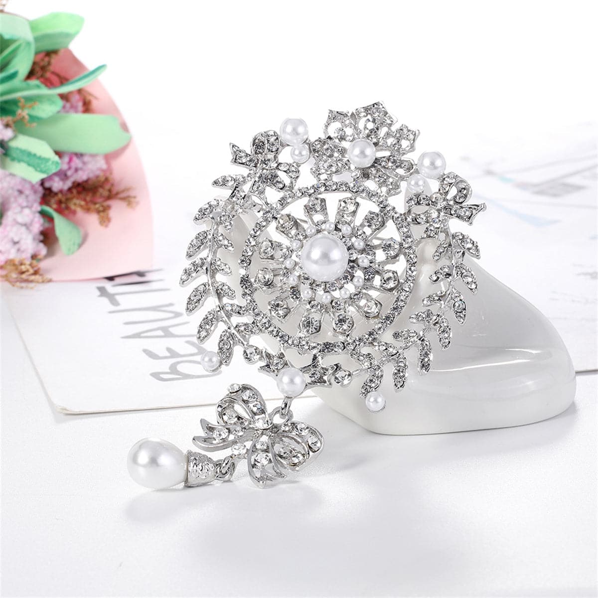 Clear Cubic Zirconia & Silver-Plated Botany Bow Brooch