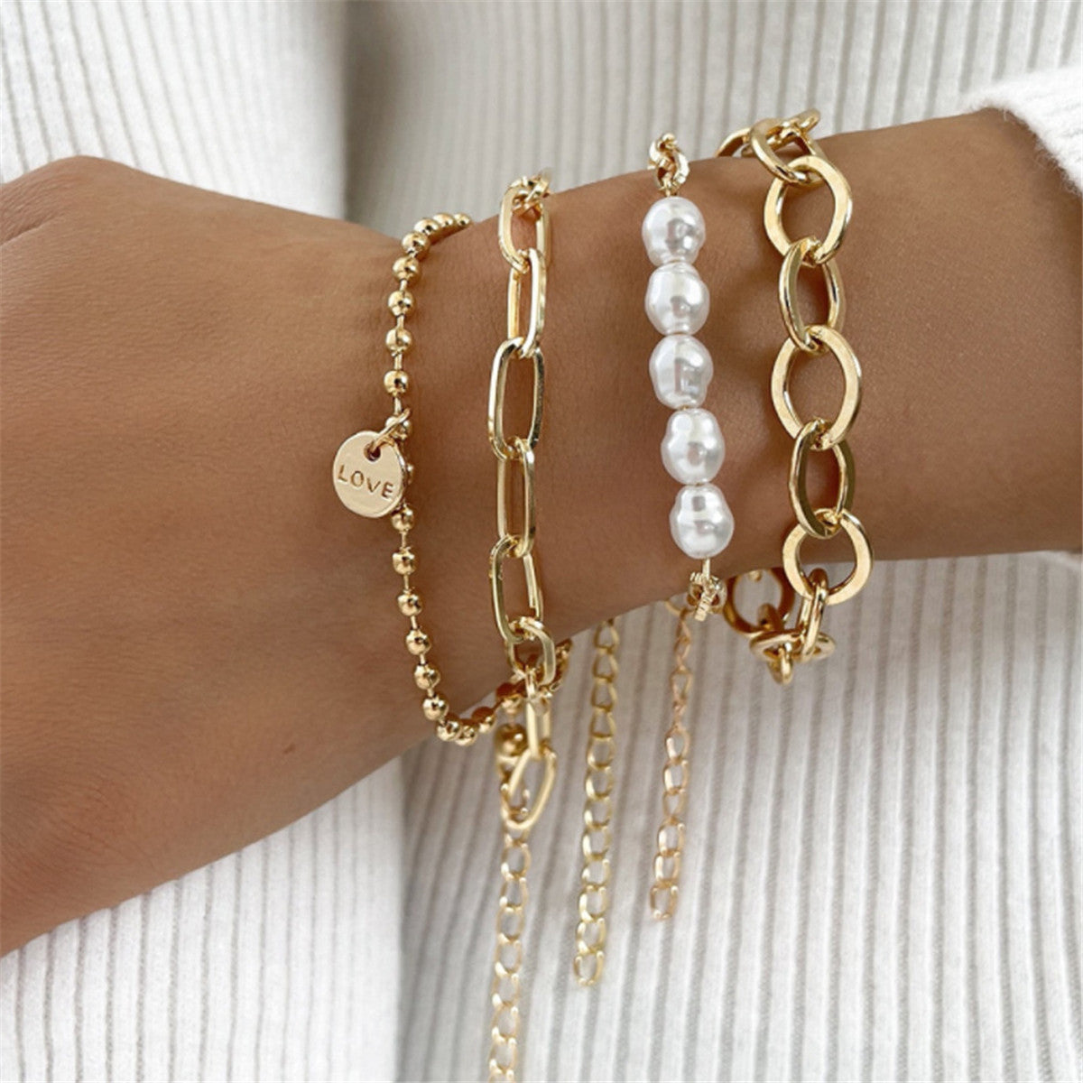 Pearl & 18K Gold-Plated Cable Chain Bracelet Set