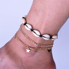 Shell & 18K Gold-Plated Stars Charm Anklet Set