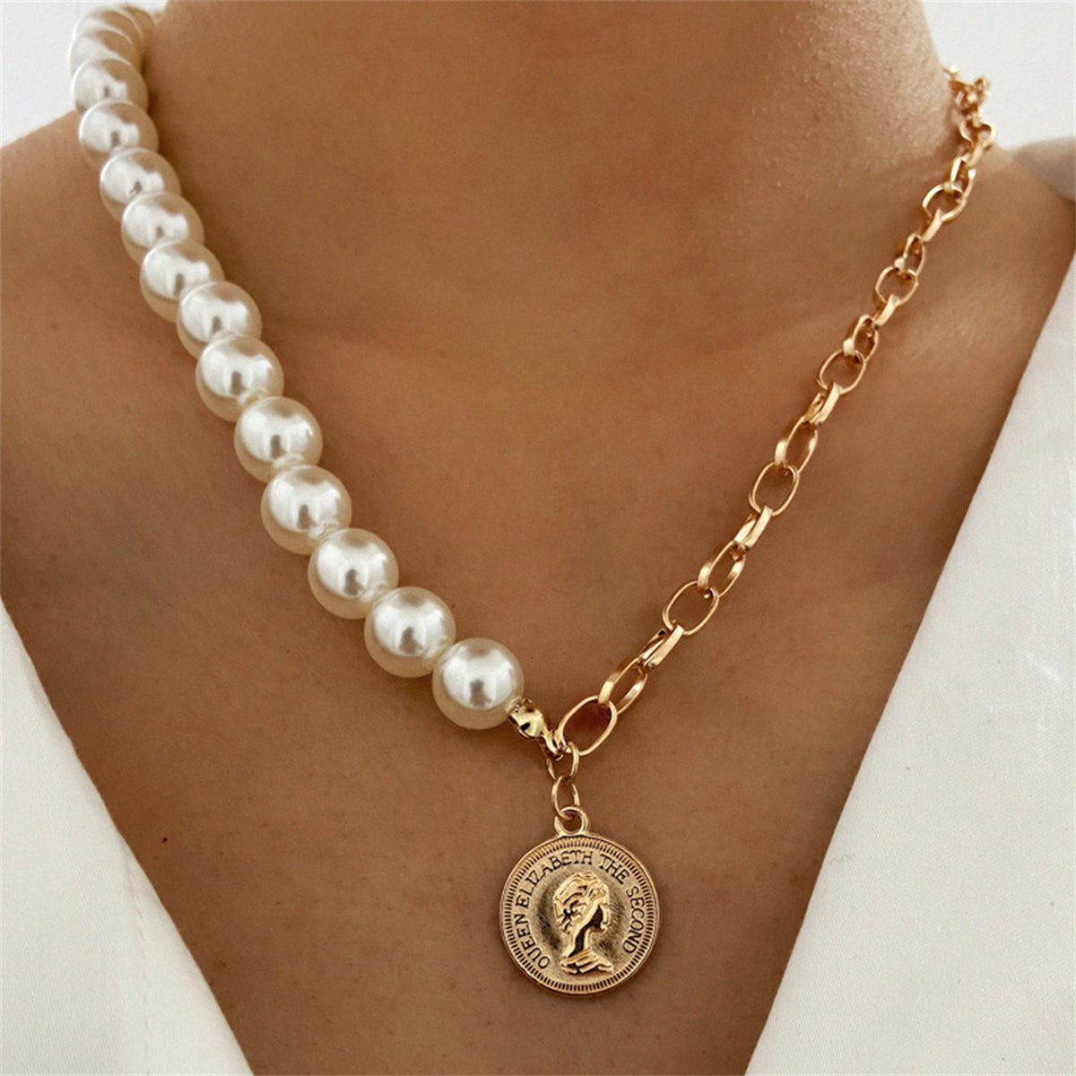 Pearl & 18K Gold-Plated Beaded Coin Pendant Necklace