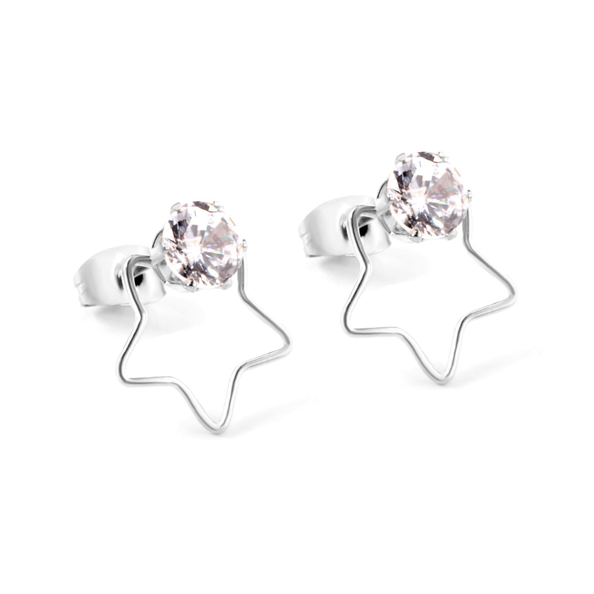 Clear Cubic Zirconia & Silver-Plated Open Star Stud Earrings