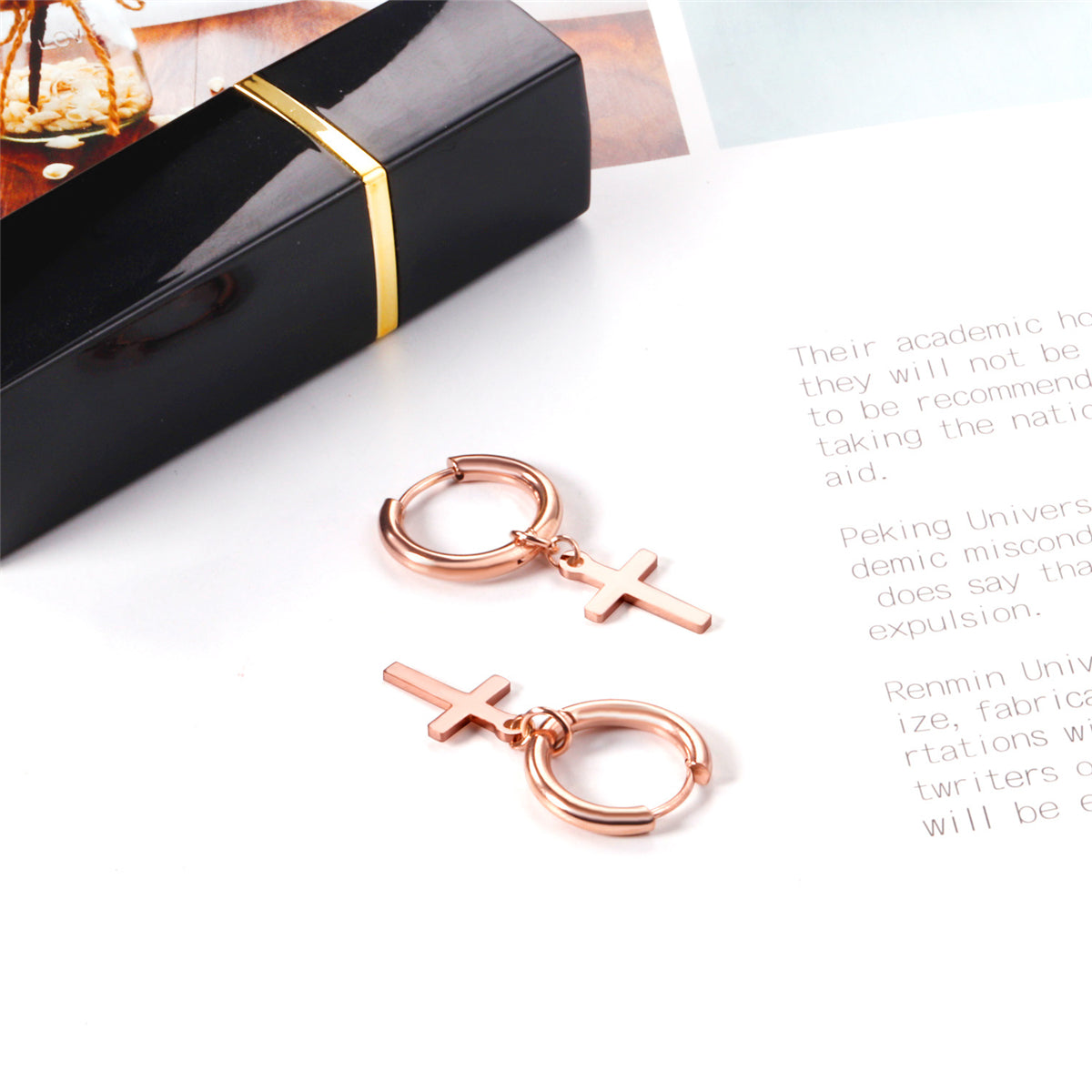 18K Rose Gold-Plated Cross Huggie Earrings