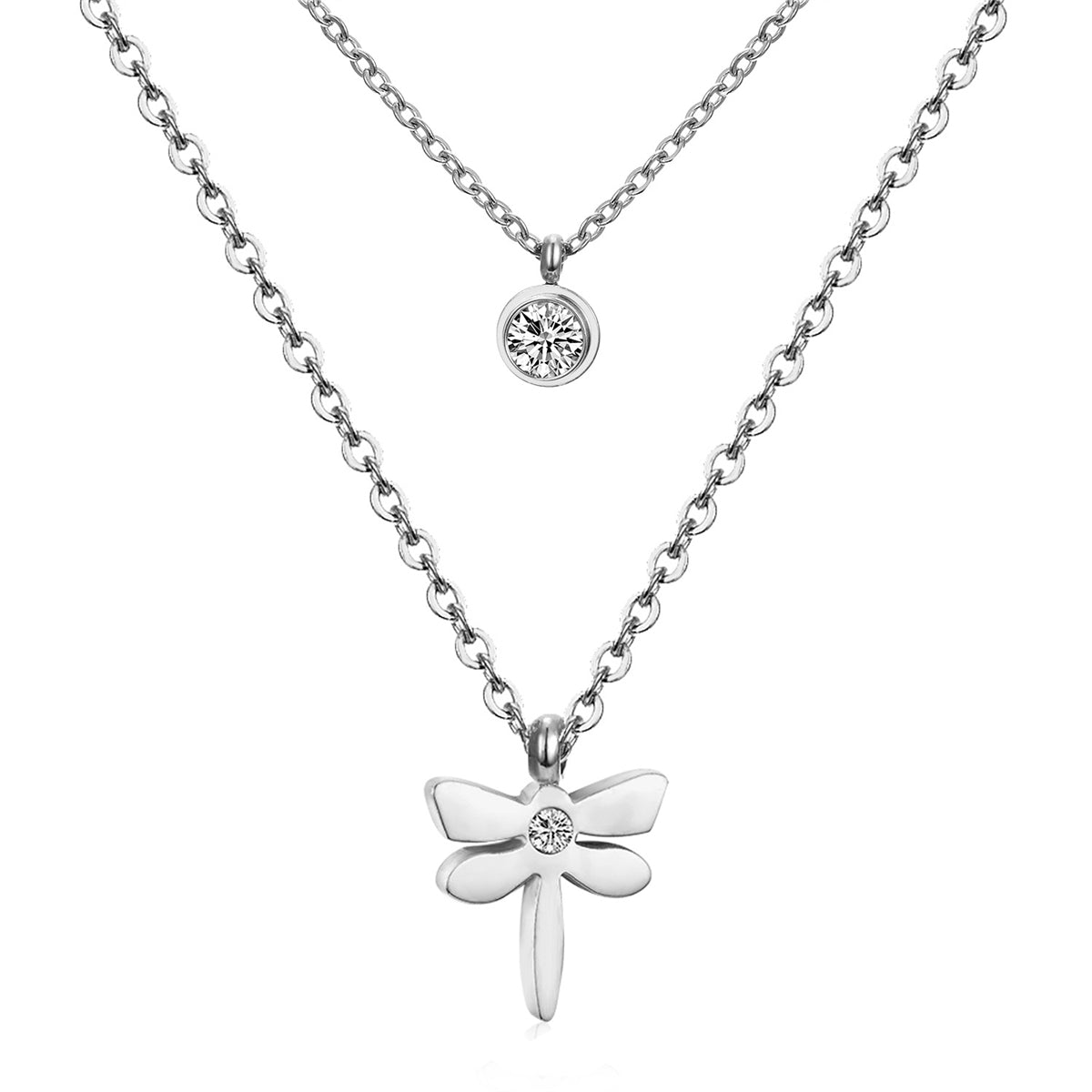 Cubic Zirconia & Silver-Plated Dragonfly Layered Pendant Necklace