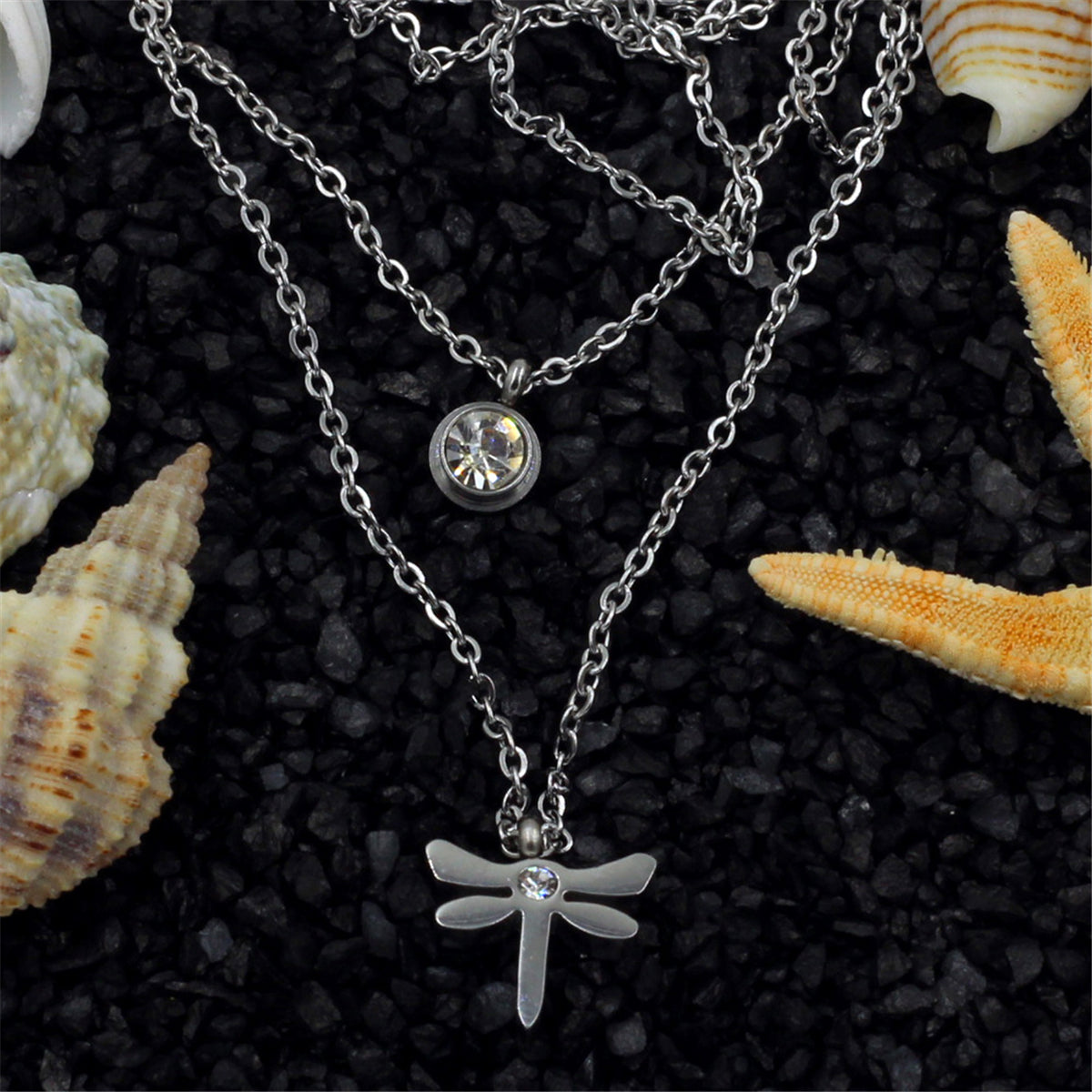 Cubic Zirconia & Silver-Plated Dragonfly Layered Pendant Necklace