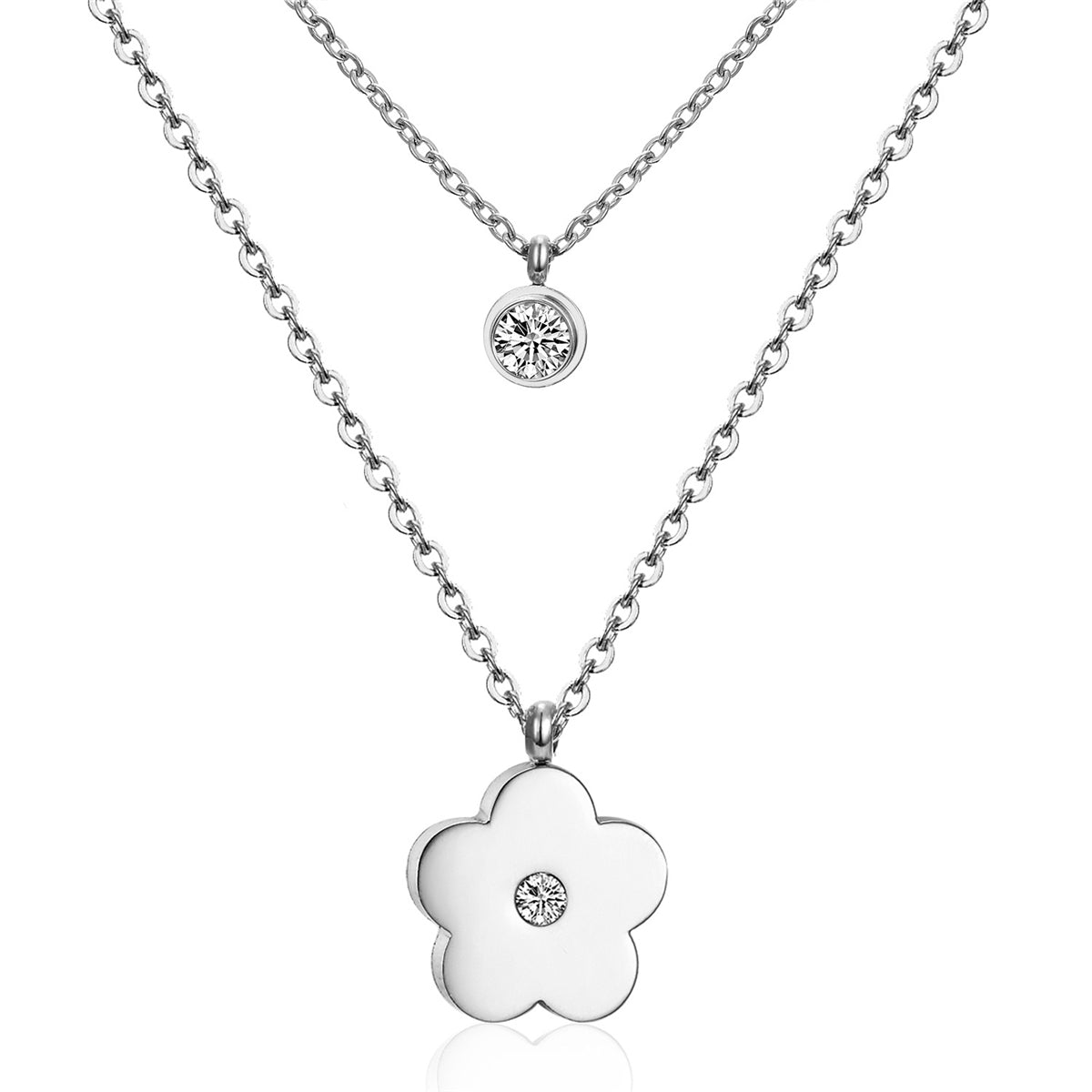 Cubic Zirconia & Silver-Plated Flower Layered Pendant Necklace