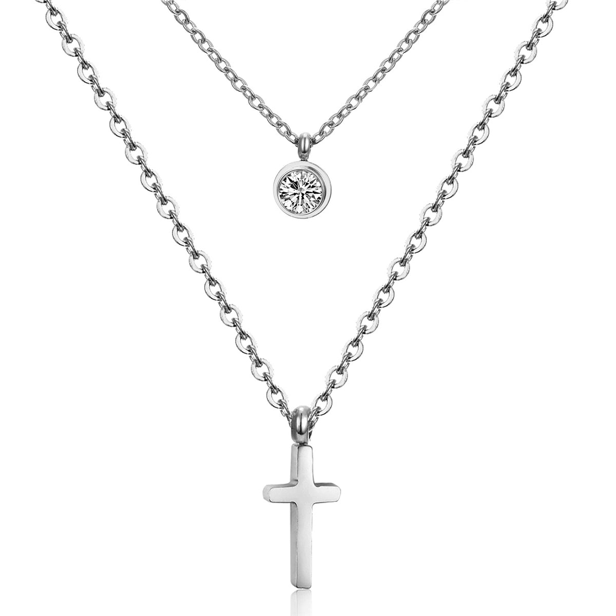 Cubic Zirconia & Silver-Plated Cross Pendant Layered Necklace