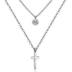 Cubic Zirconia & Silver-Plated Cross Pendant Layered Necklace