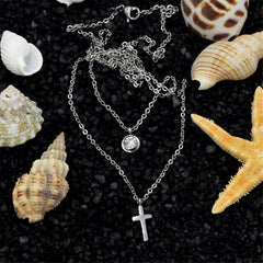 Cubic Zirconia & Silver-Plated Cross Pendant Layered Necklace