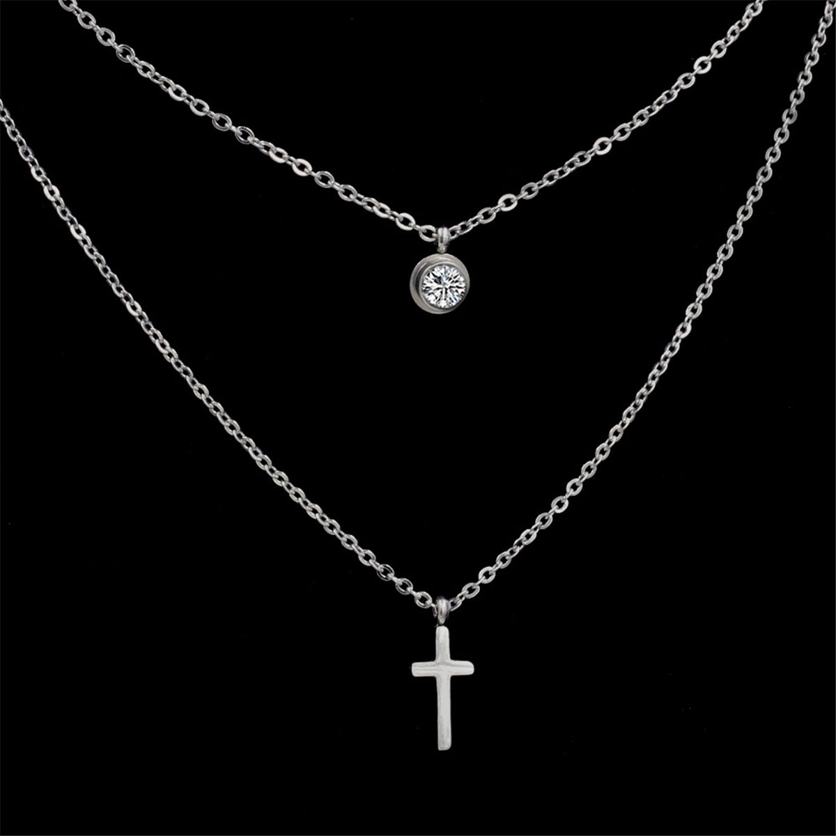 Cubic Zirconia & Silver-Plated Cross Pendant Layered Necklace