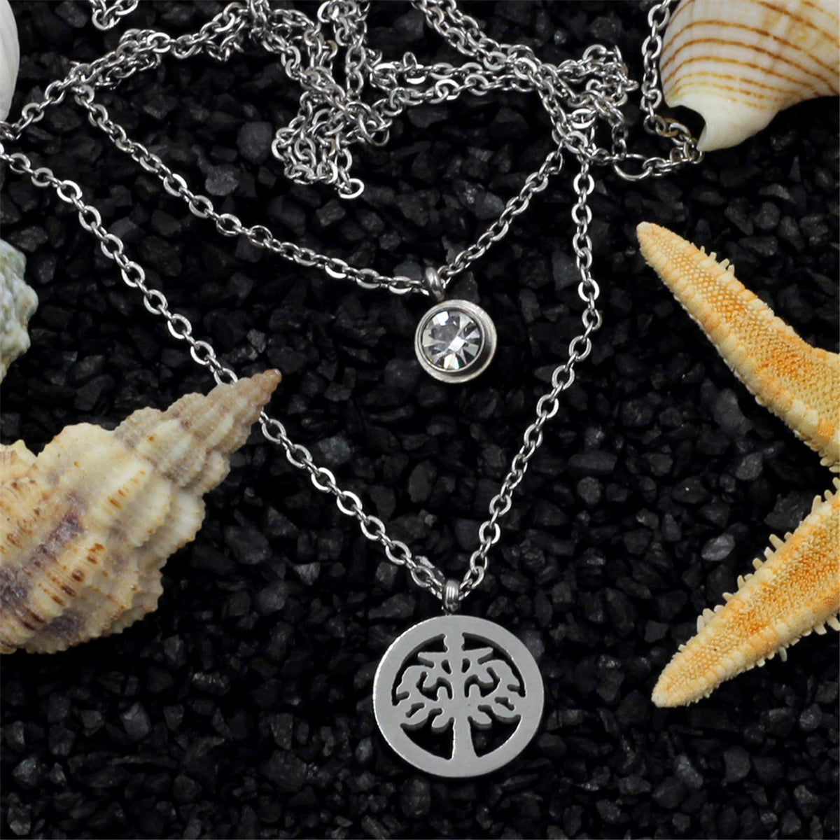 Cubic Zirconia & Silver-Plated Tree Of Life Pendant Layered Necklace