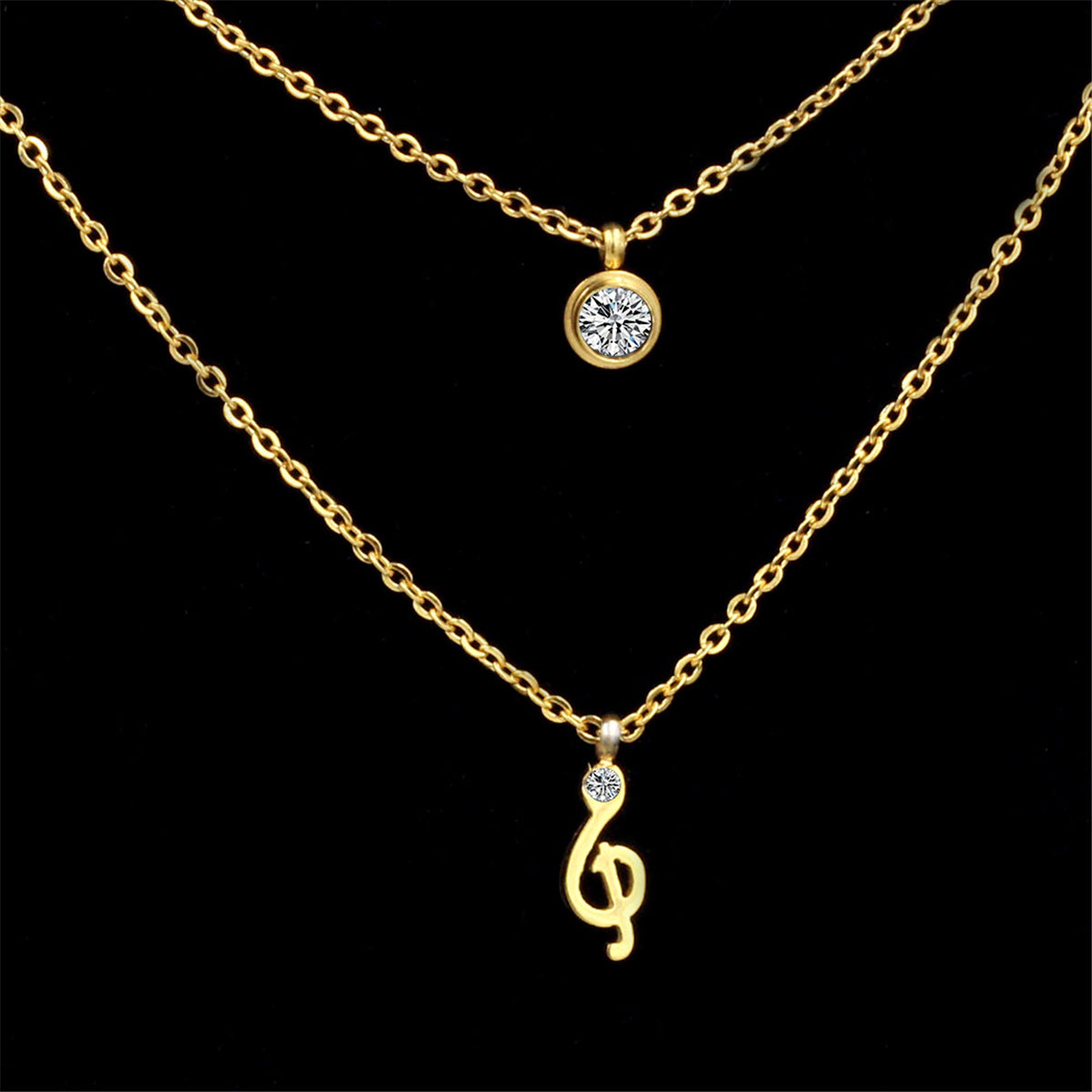 Cubic Zirconia & 18K Gold-Plated Clef Note Layered Pendant Necklace