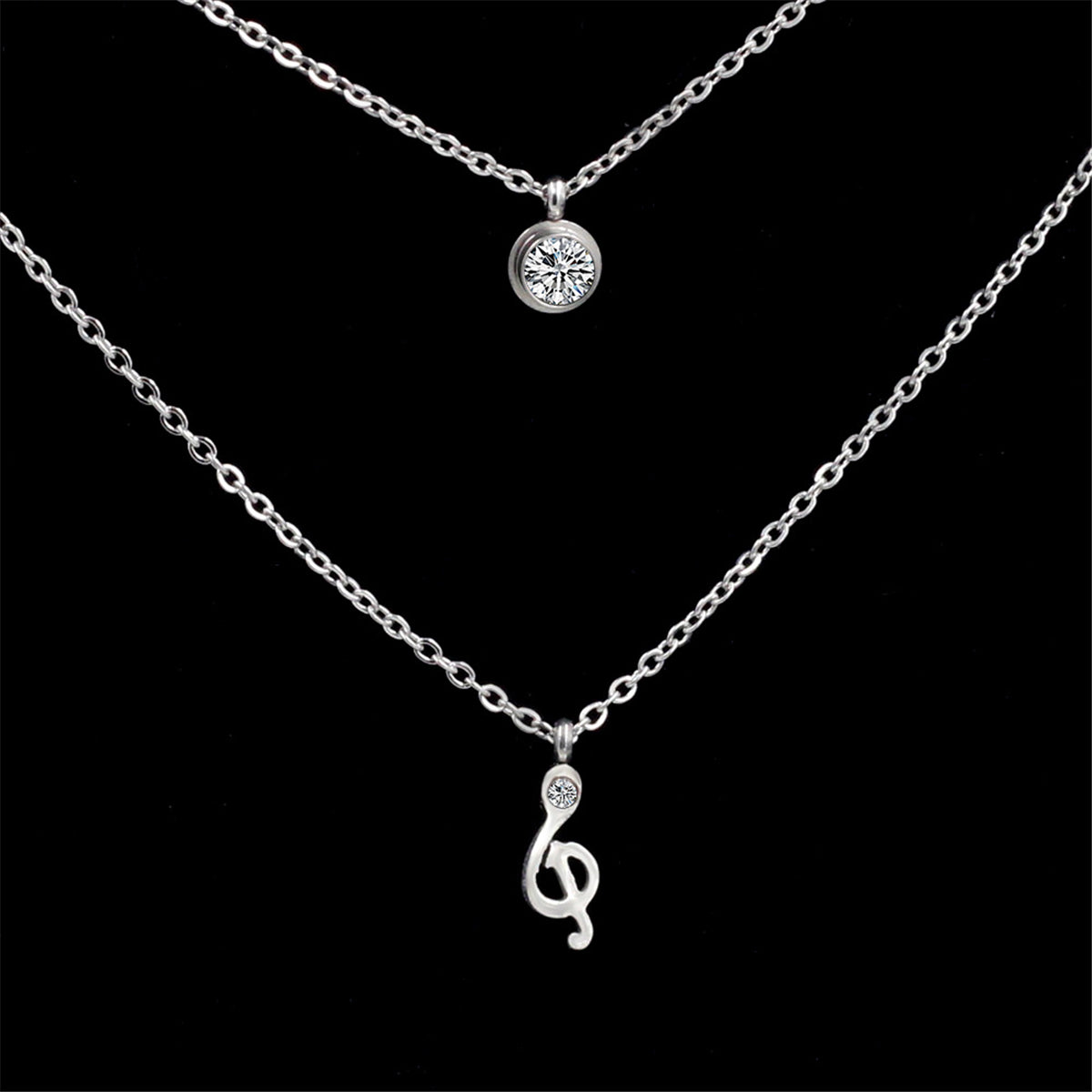 Cubic Zirconia & Silver-Plated Clef Note Layered Pendant Necklace