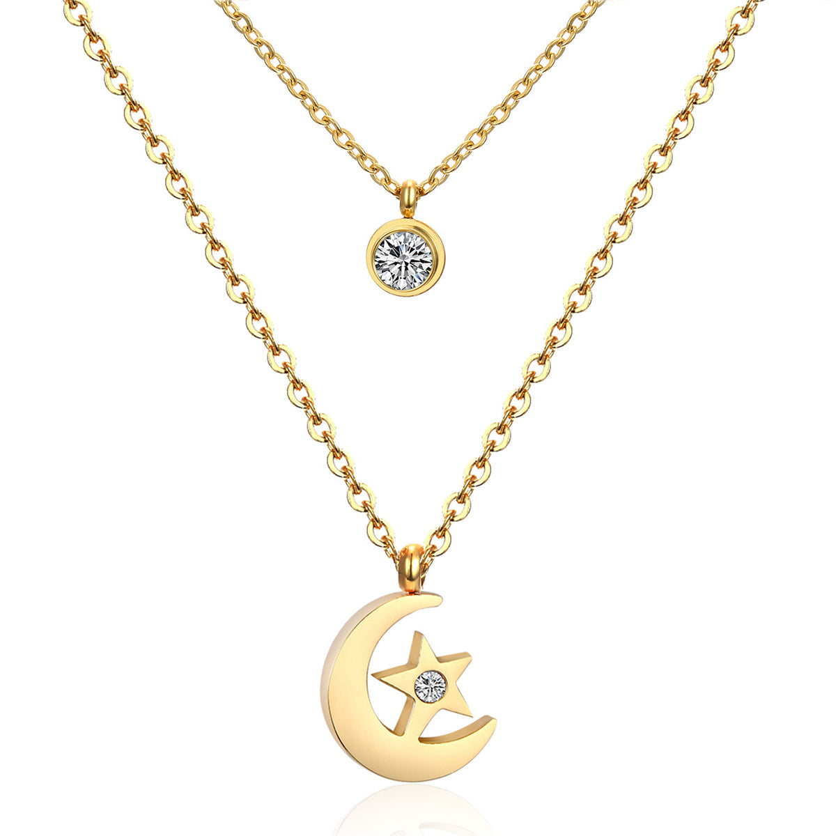 Cubic Zirconia & 18K Gold-Plated Moon Pendant Layered Necklace